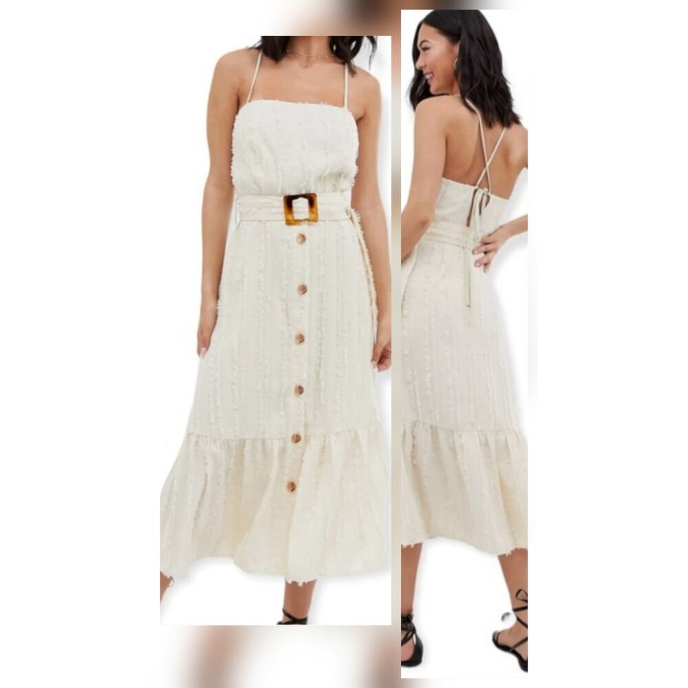 Moon River Cream Fringe Midi Dress XS Belted Button Front Coquette Bridal Resort - Picture 2 of 12